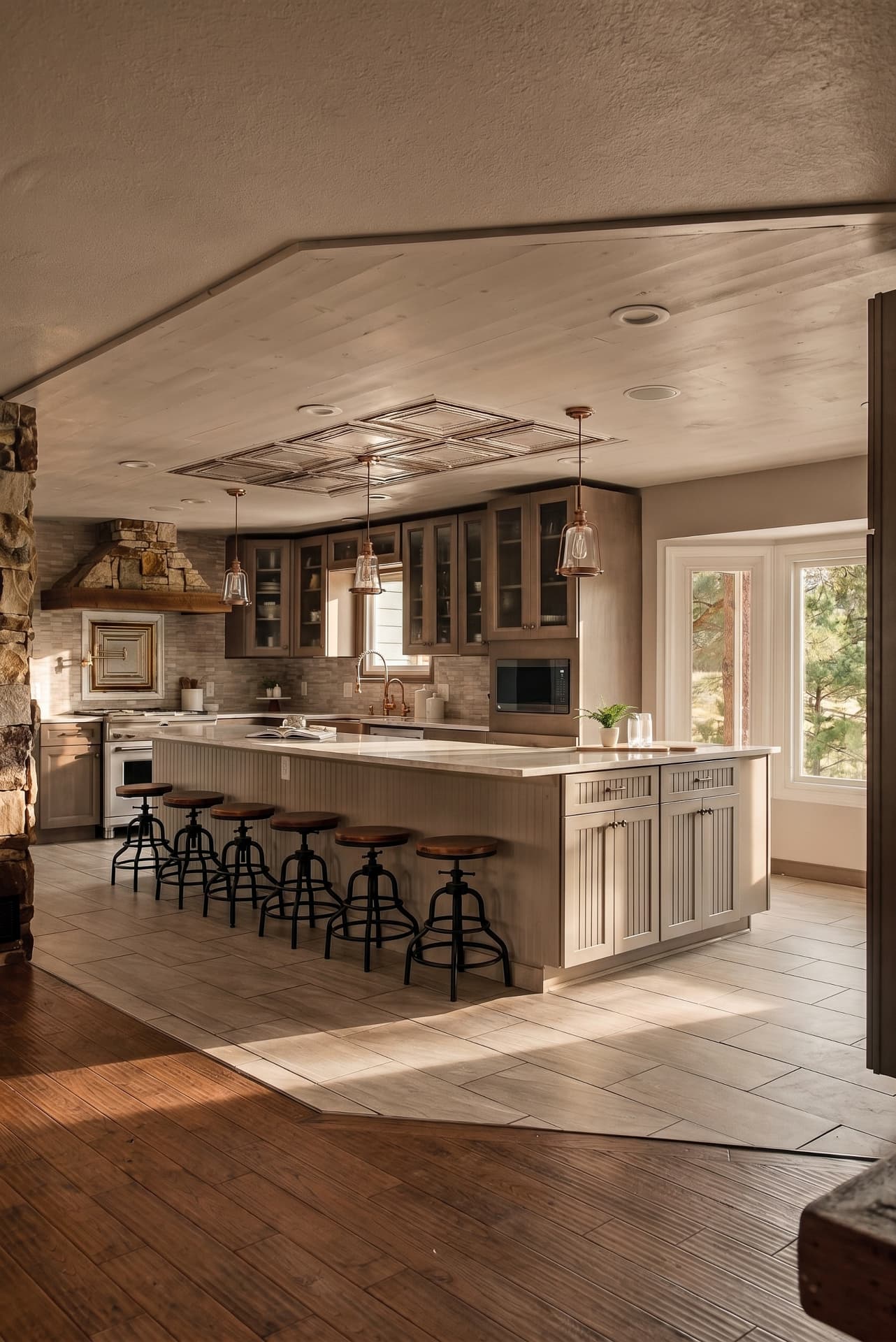 Wide kitchen island with seating beneath copper pendant lights
