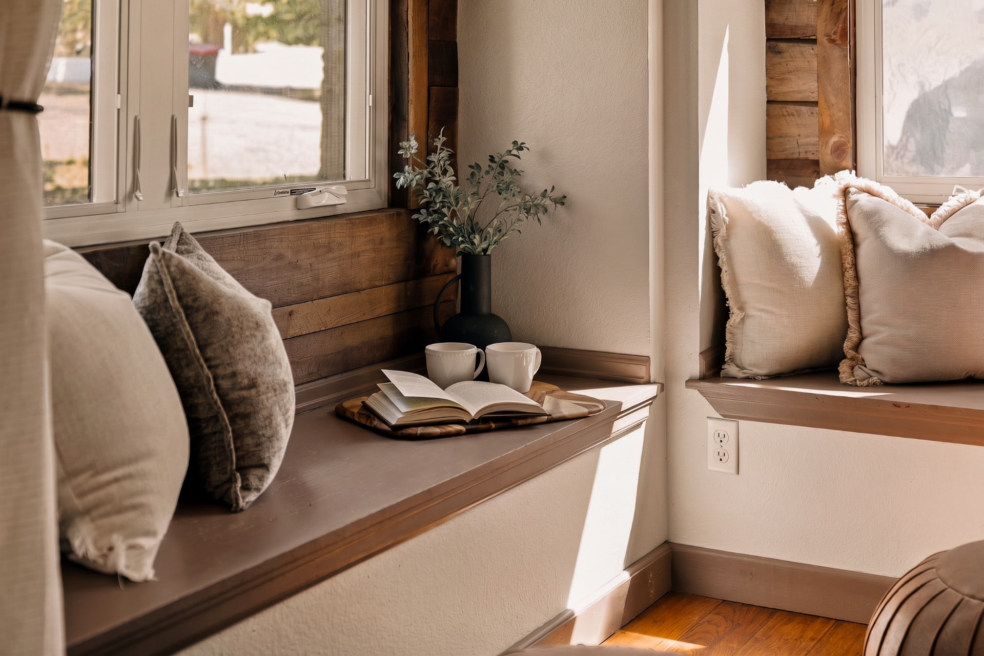 Sunlit built-in window seats in the living area