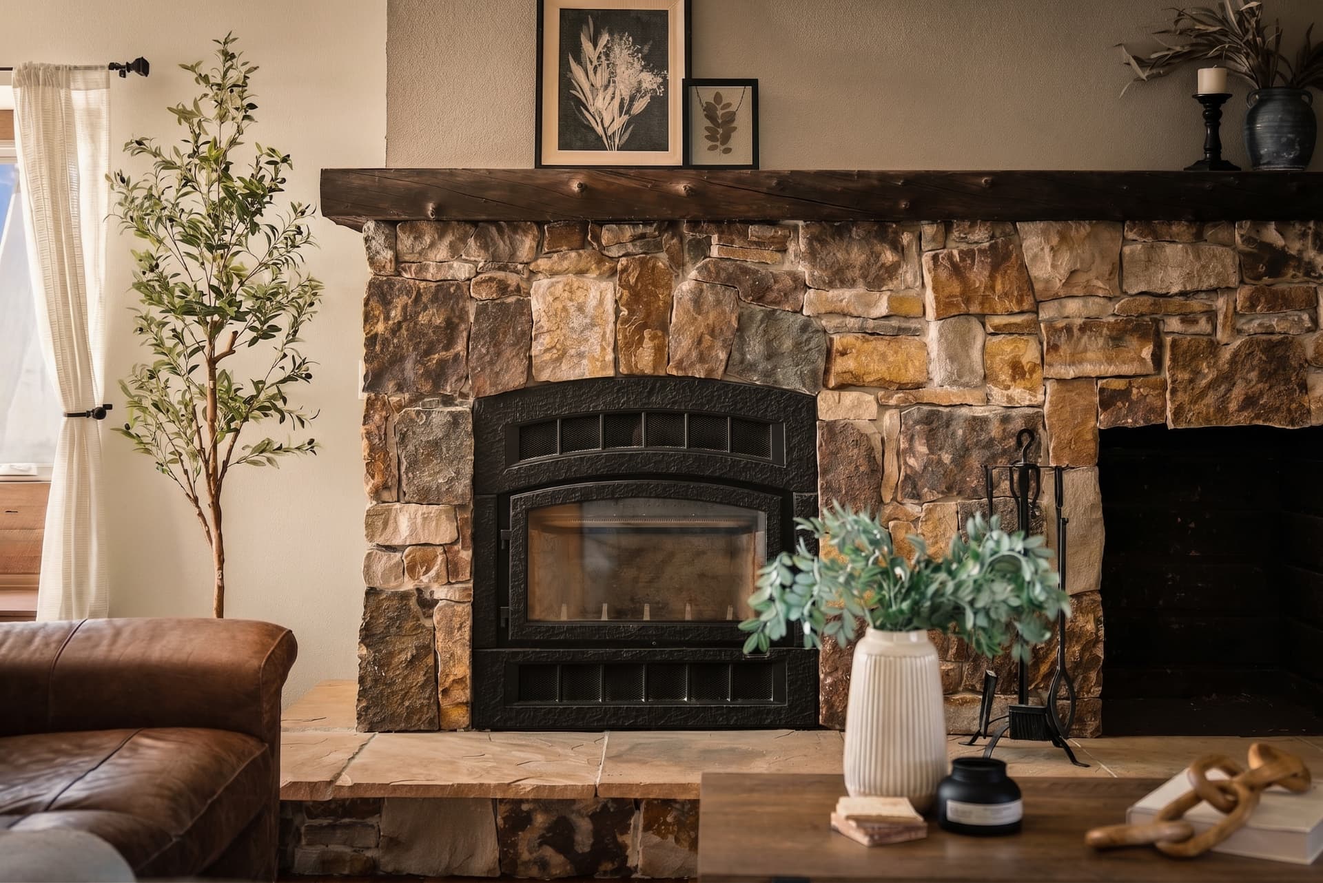 Floor-to-ceiling stone fireplace with a wide timber mantel