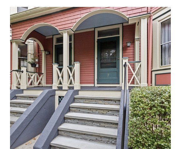 Front porch of 7 Greenough Ave in Cambridge, MA